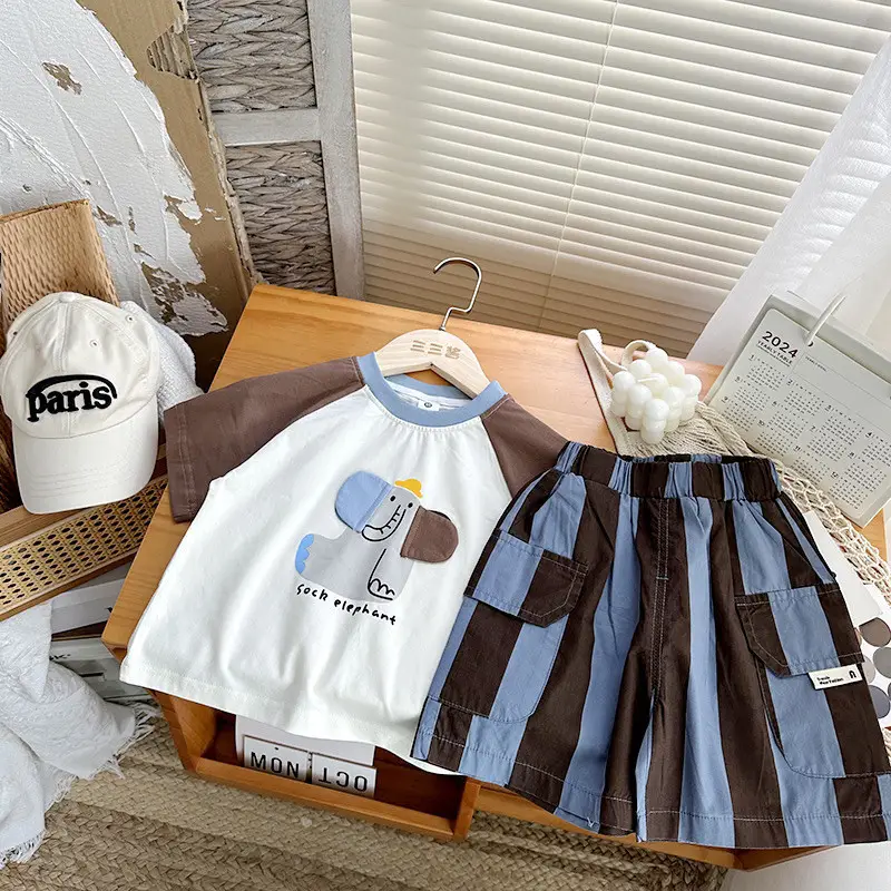 Kids Cartoon Raglan Sleeve T-Shirt with Striped Shorts Set