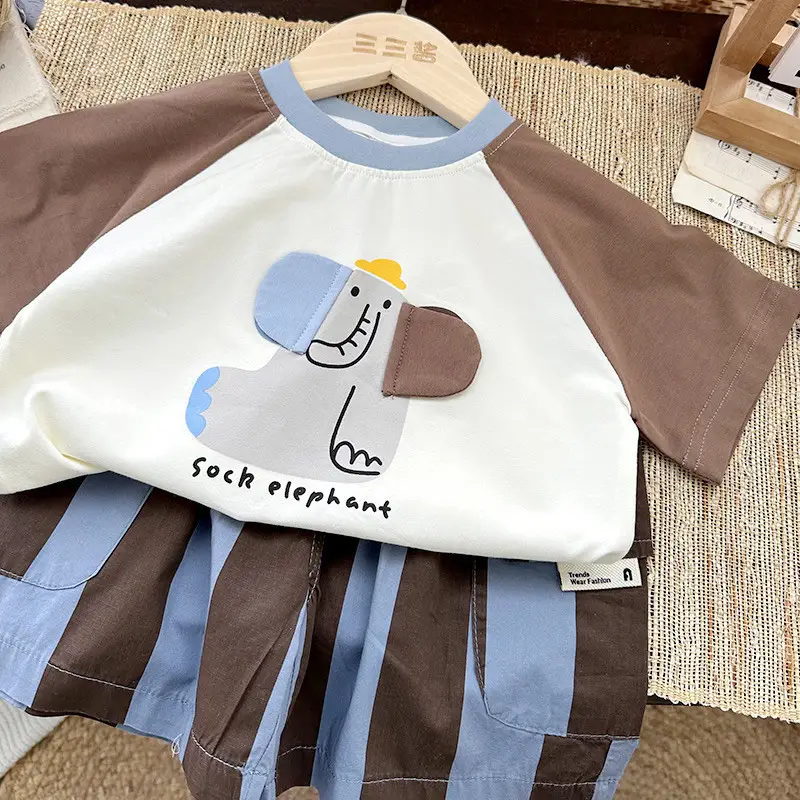 Kids Cartoon Raglan Sleeve T-Shirt with Striped Shorts Set