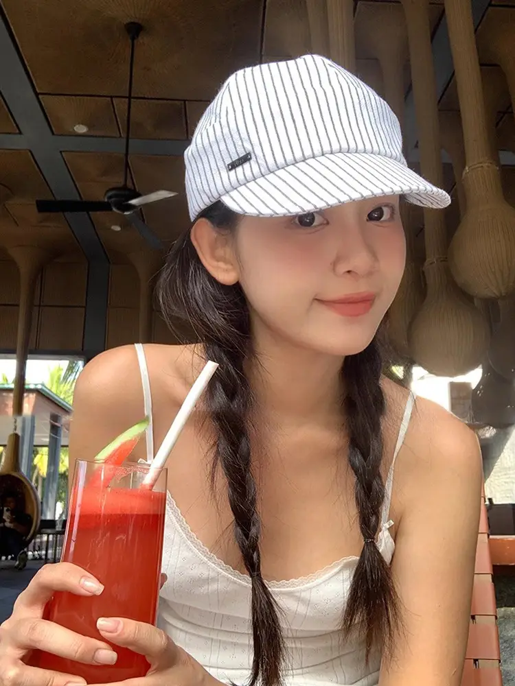 Japanese Striped Duckbill Cap for Women Summer Wide Brim — feature 1