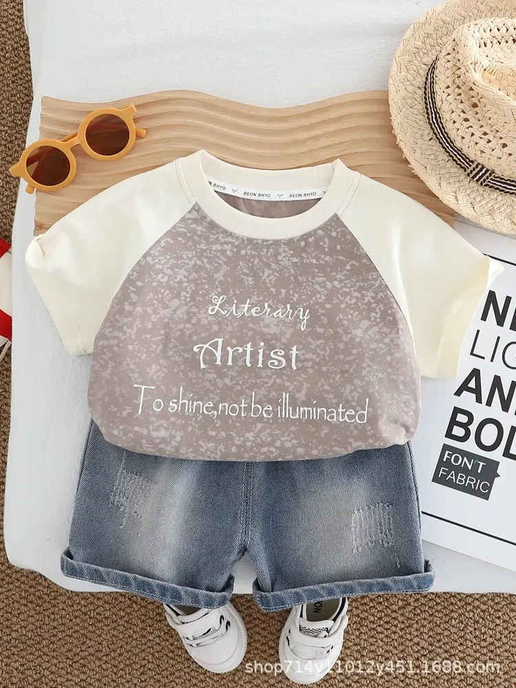 Kids Letter Print T-Shirt Shorts Set White Grey - Image 2
