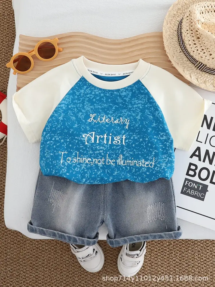 Kids Letter Print T-Shirt Shorts Set White Grey - Image 3