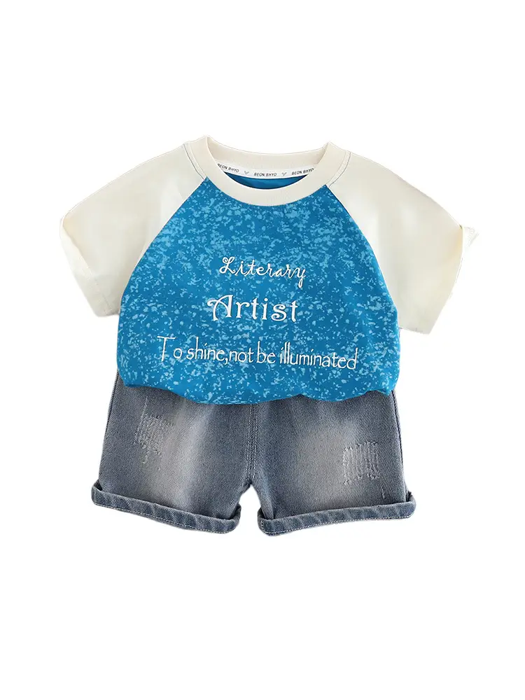 Kids Letter Print T-Shirt Shorts Set White Grey - Image 5