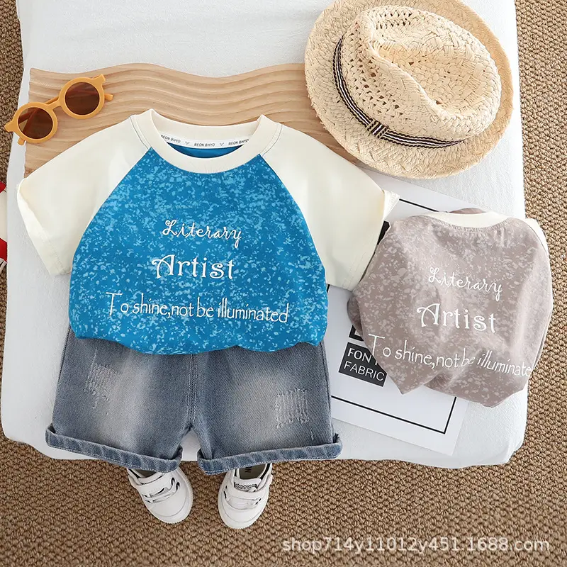 Kids Letter Print T-Shirt Shorts Set White Grey — feature 1