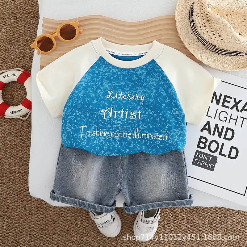 Kids Letter Print T-Shirt Shorts Set White Grey — feature 2