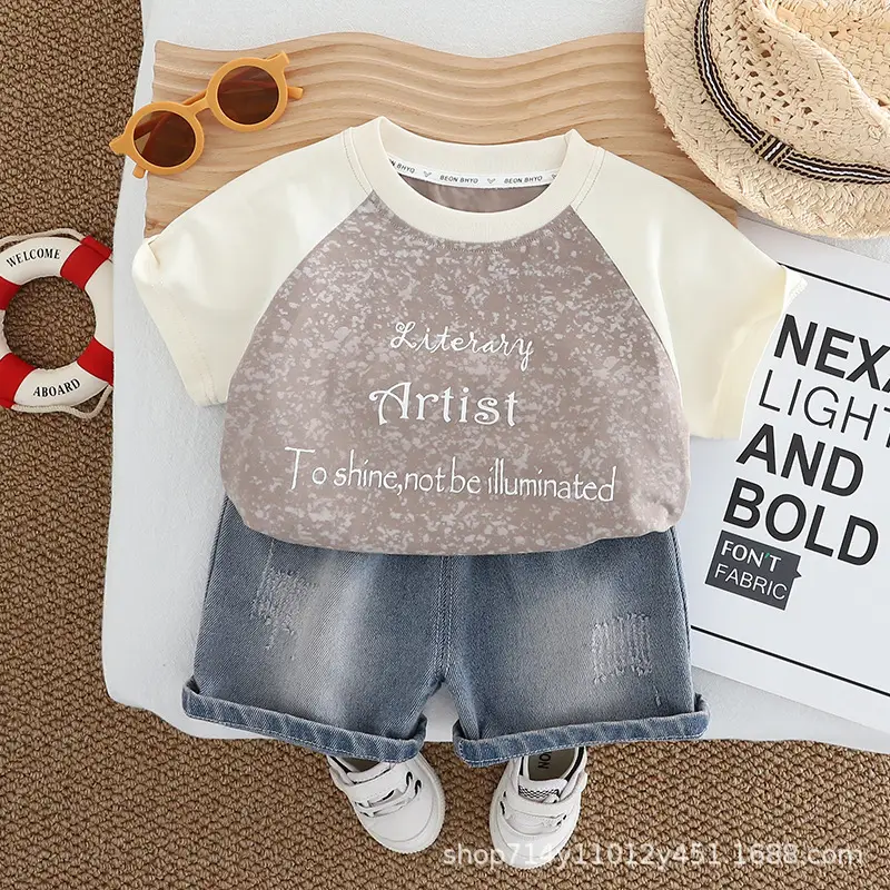 Kids Letter Print T-Shirt Shorts Set White Grey — feature 4