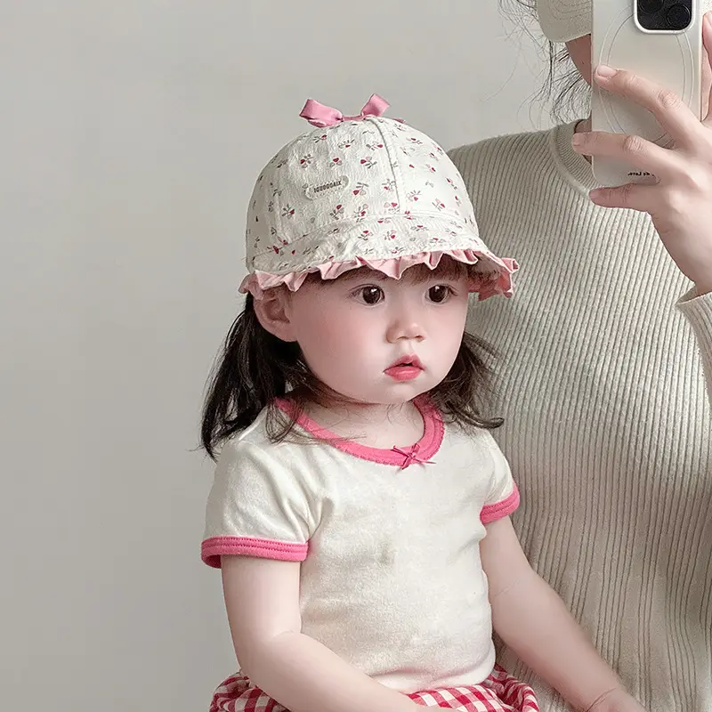 Retro Bow Baby Hat Pink Peaked Cap Small Month Old - Image 7