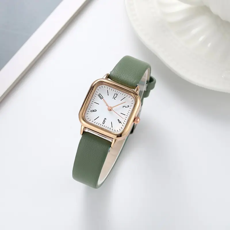 Retro Women's Green Leather Quartz Watch Small Square Rose Gold — feature 5