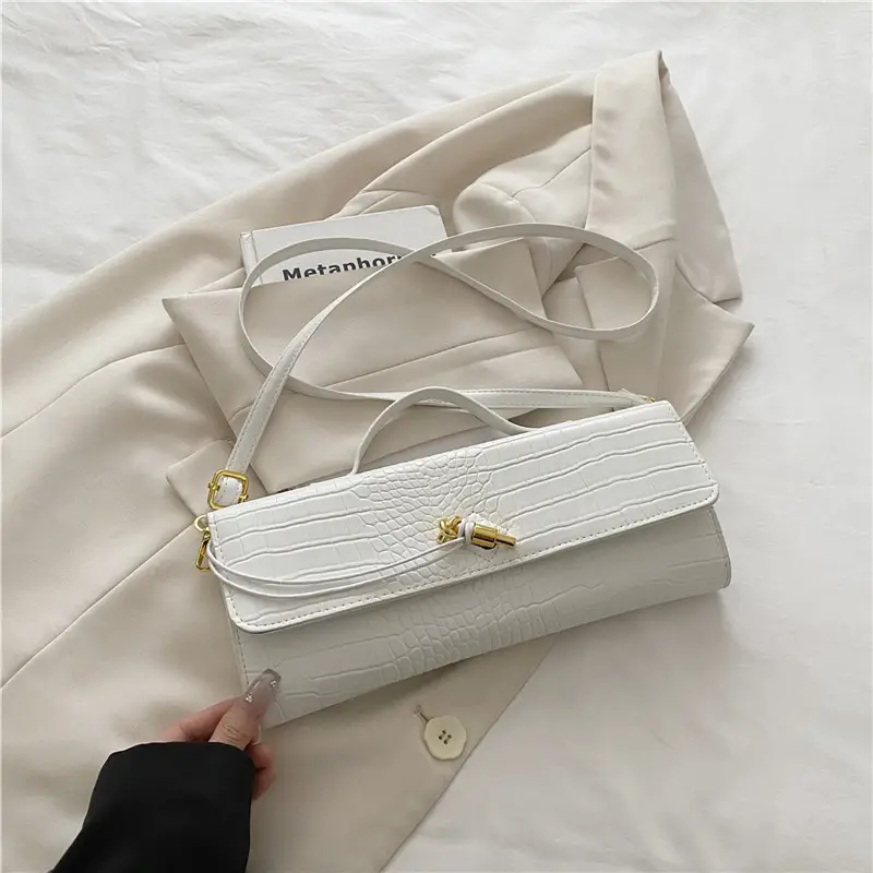 White Diagonal Lock Crossbody Bag for Women - Image 2