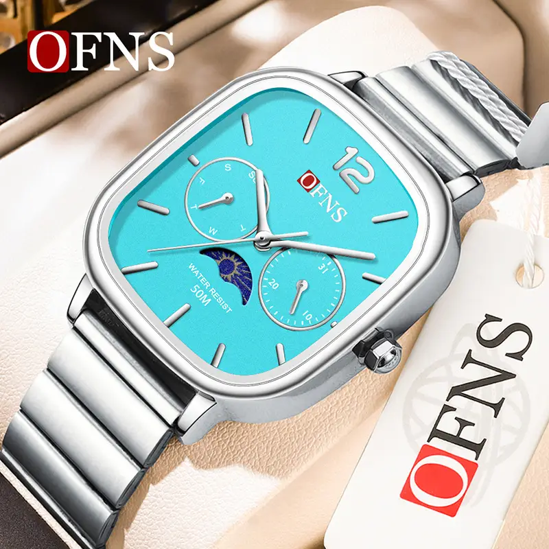 Oufani Quartz Watch Silver Chain Strap Moon Phase Display - Image 15
