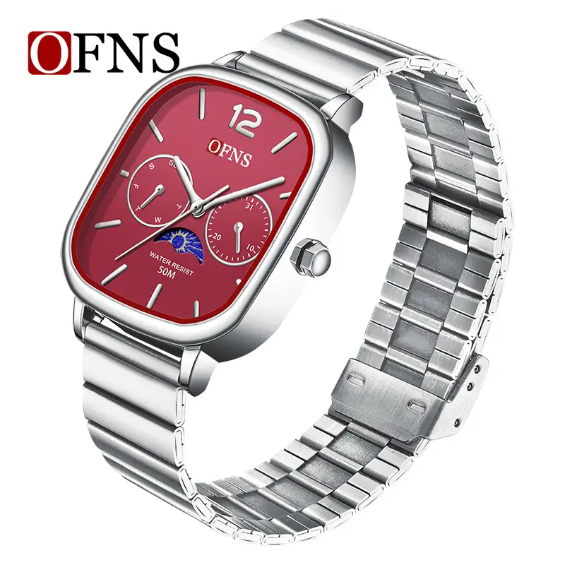 Oufani Quartz Watch Silver Chain Strap Moon Phase Display - Image 17