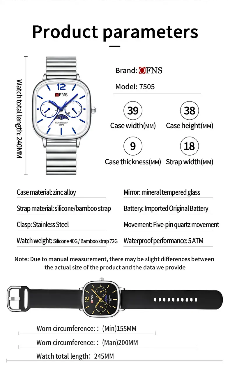 Oufani Quartz Watch Silver Chain Strap Moon Phase Display — feature 34