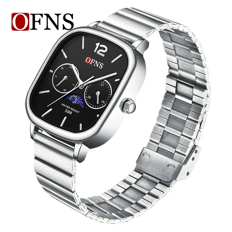 Oufani Quartz Watch Silver Chain Strap Moon Phase Display - Image 7