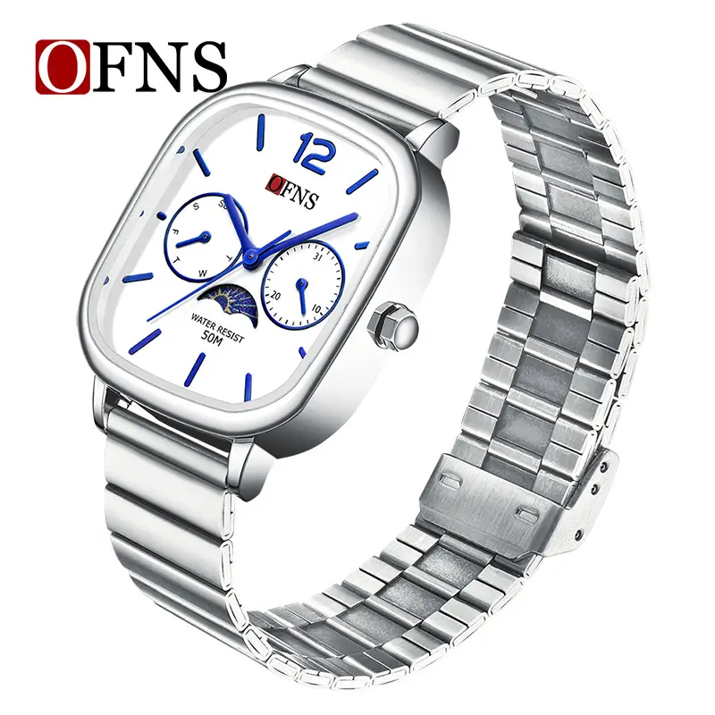 Oufani Quartz Watch Silver Chain Strap Moon Phase Display - Image 8