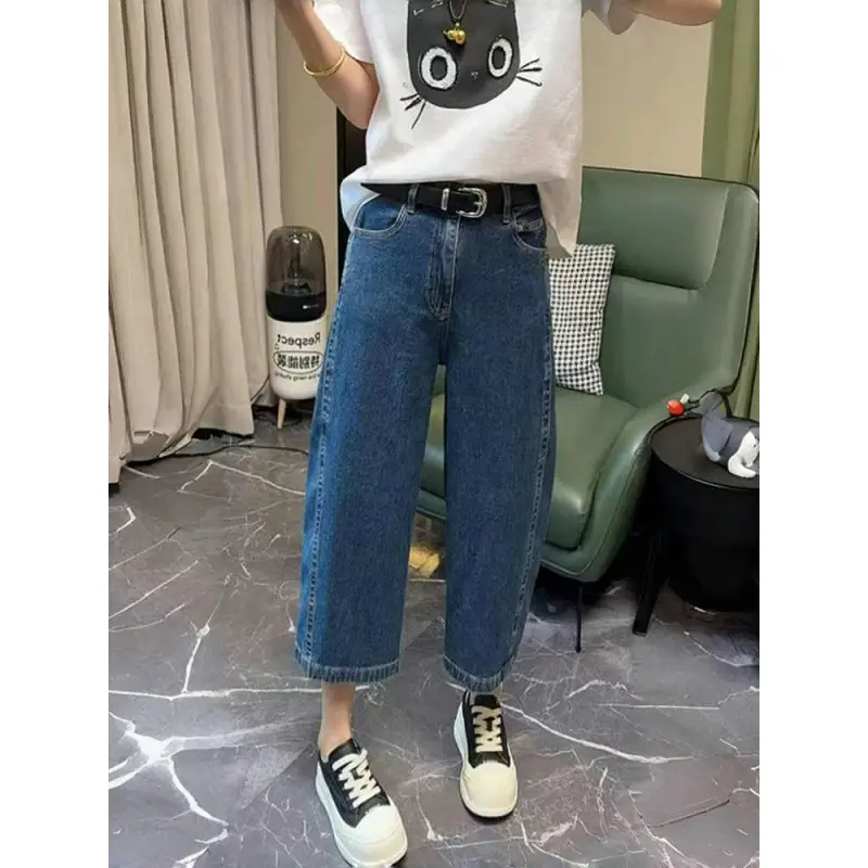 Women Dark Blue Cropped High Waist Jeans 2025