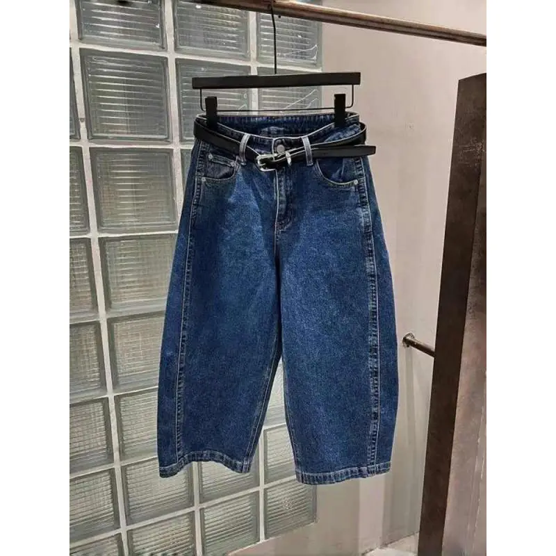 Women Dark Blue Cropped High Waist Jeans 2025