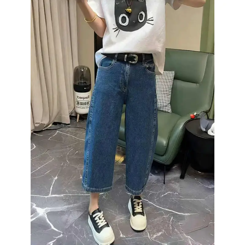 Women Dark Blue Cropped High Waist Jeans 2025
