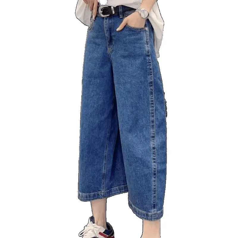 Women Dark Blue Cropped High Waist Jeans 2025