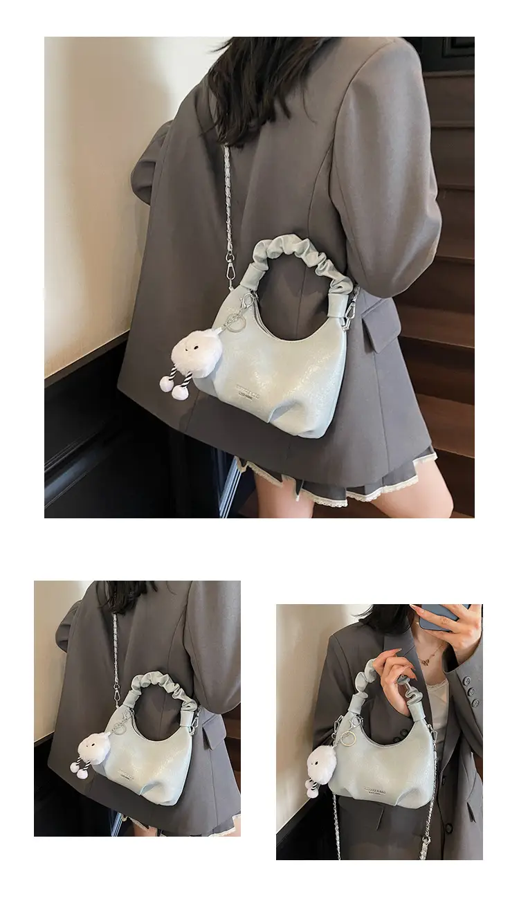 Trendy Cream Chain Shoulder Bag with Cute Bear Pom — feature 11