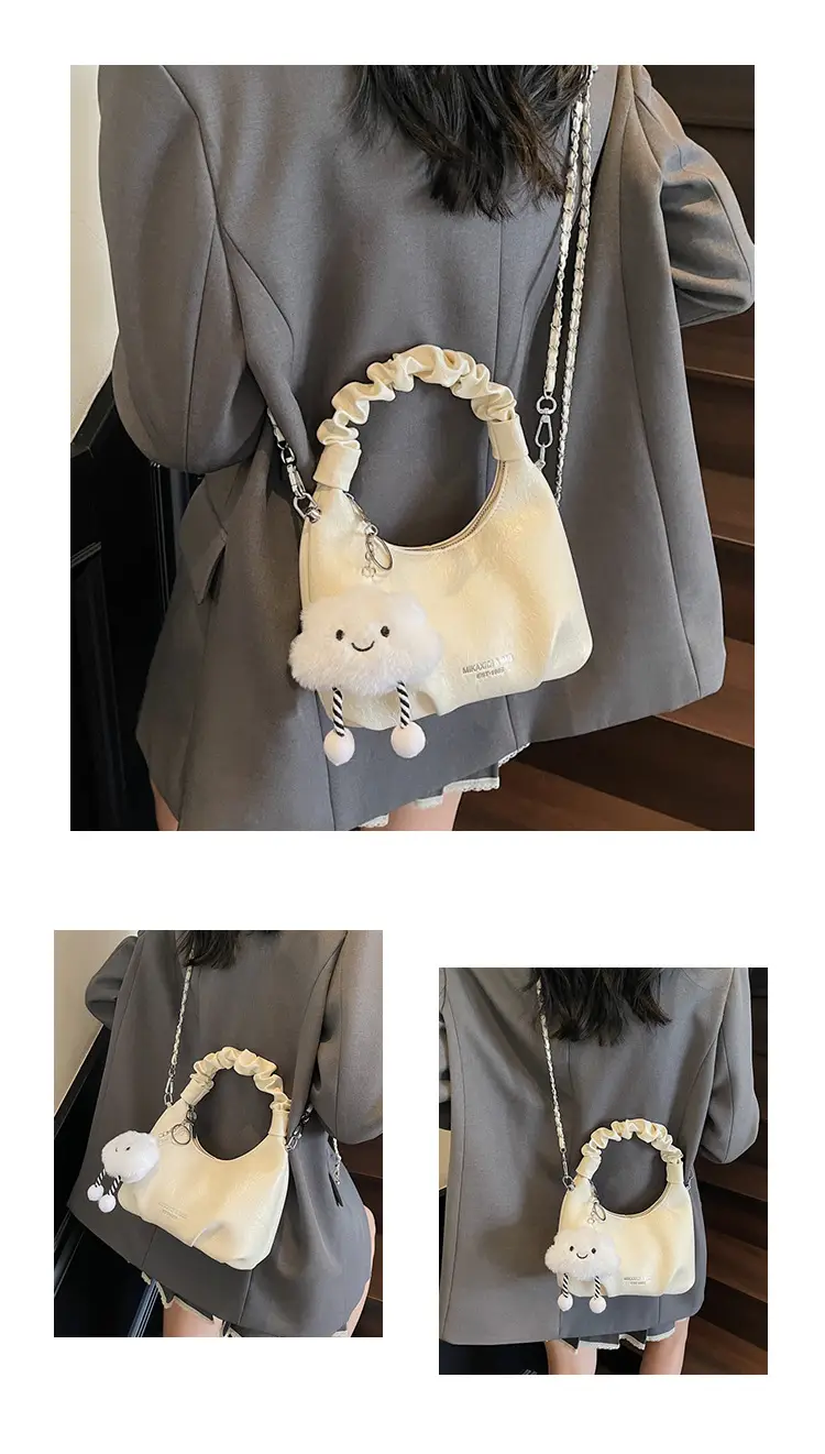 Trendy Cream Chain Shoulder Bag with Cute Bear Pom — feature 12