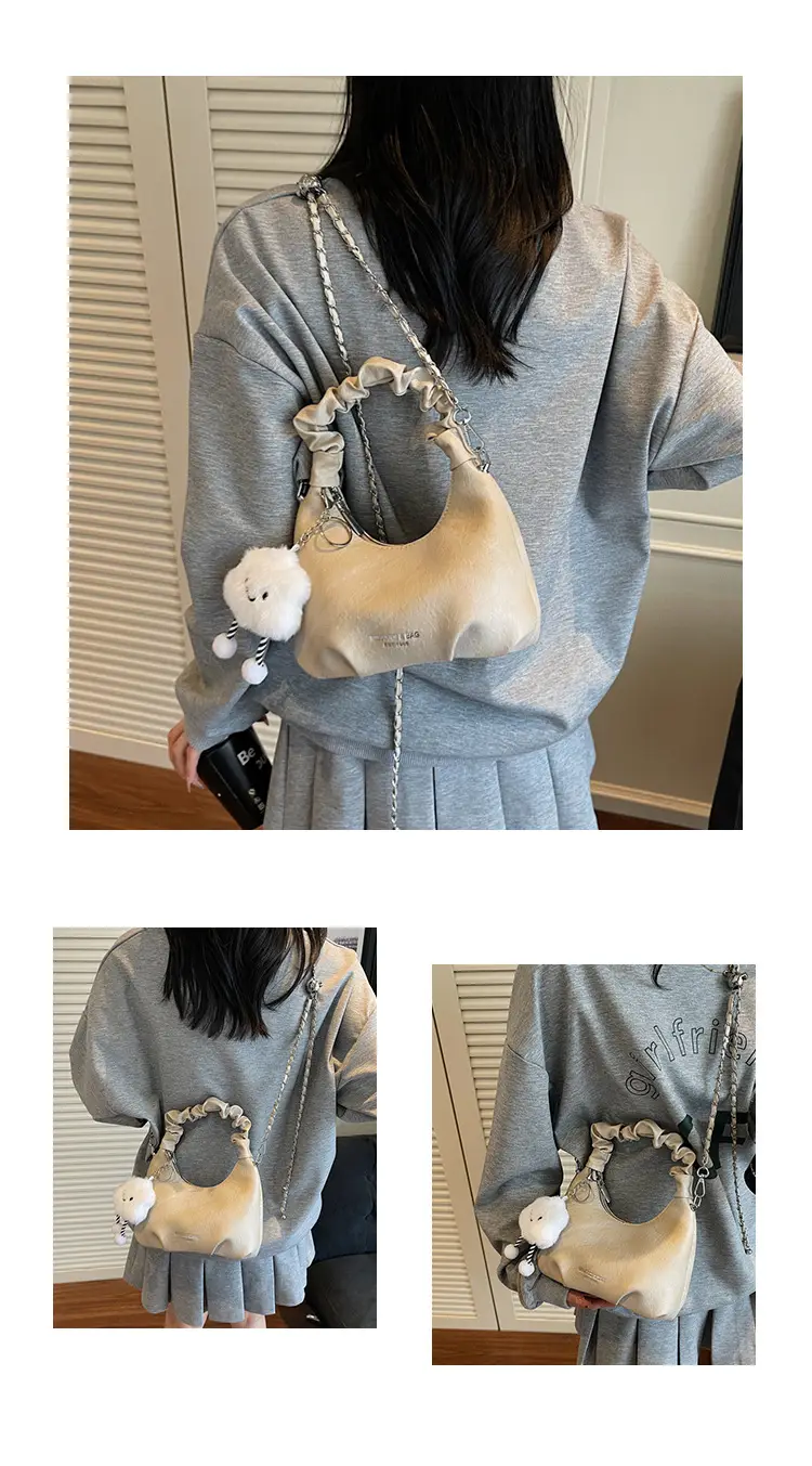 Trendy Cream Chain Shoulder Bag with Cute Bear Pom — feature 13