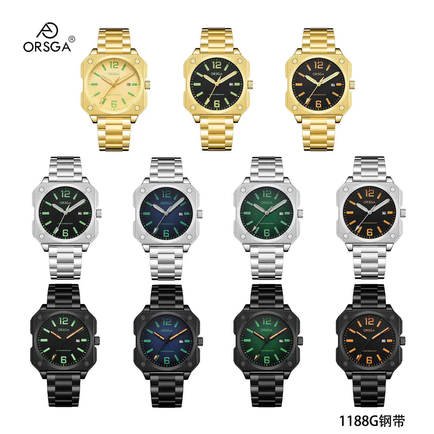Orsga Square Watch Green Leather Band Men's Quartz - Image 30