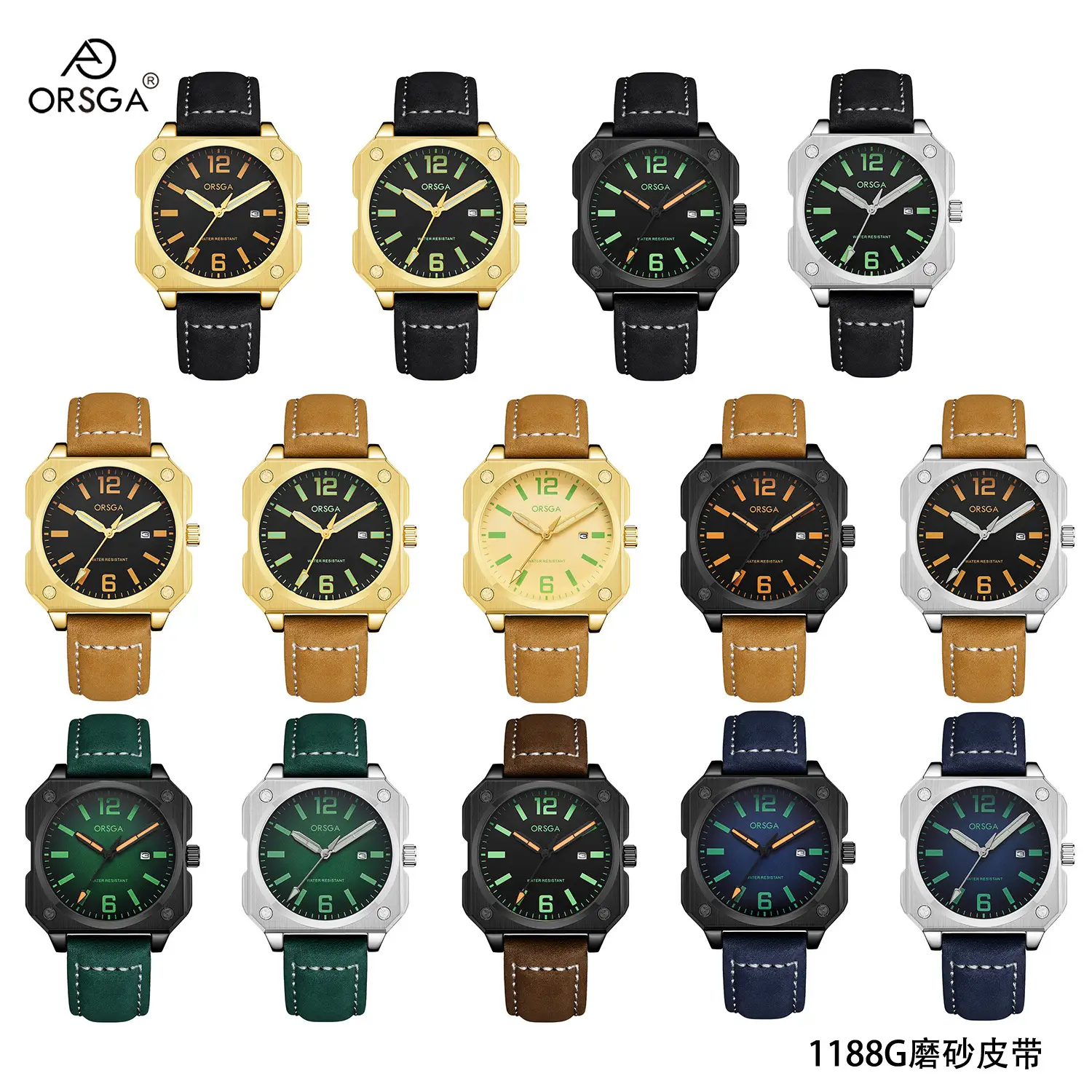 Orsga Square Watch Green Leather Band Men's Quartz — feature 13