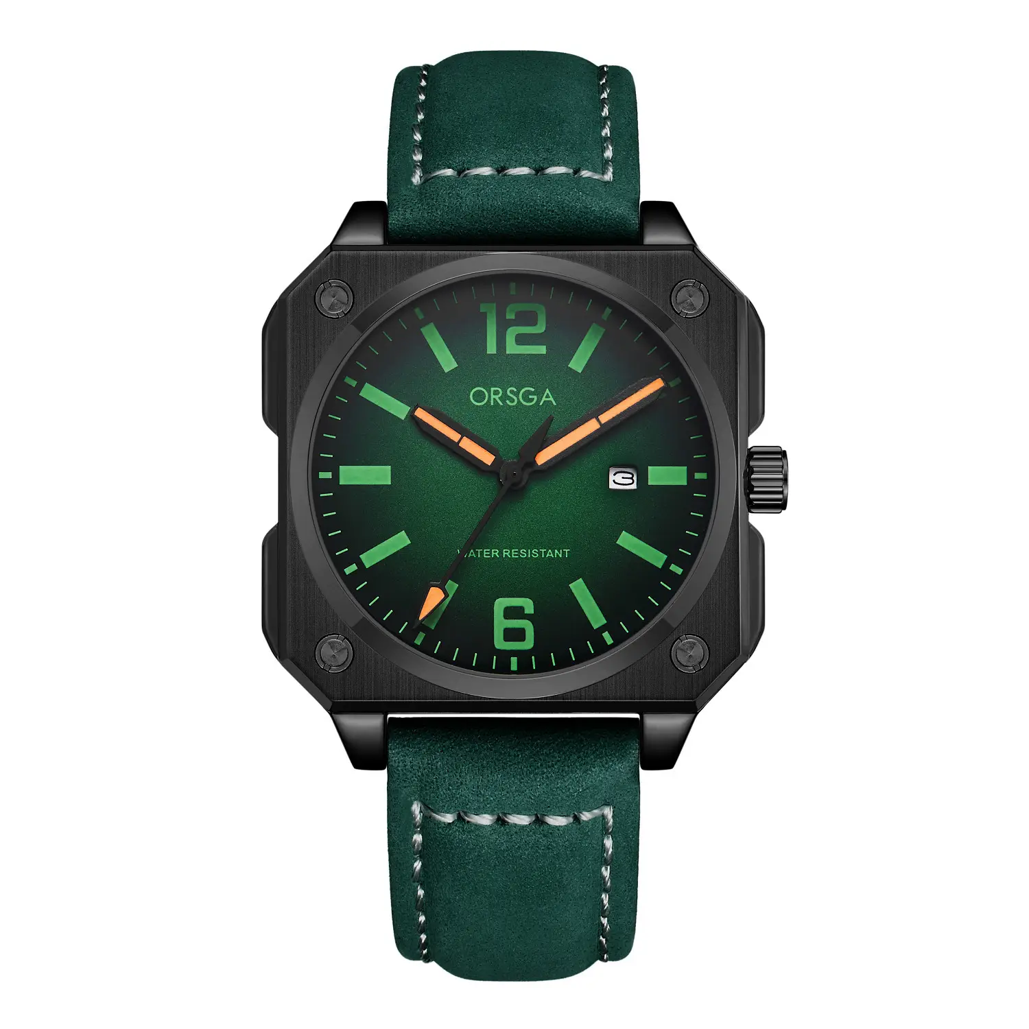 Orsga Square Watch Green Leather Band Men's Quartz - Image 24