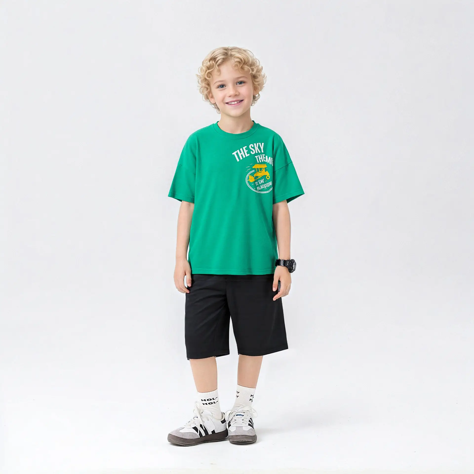 Kids Cotton Printed T-Shirt Shorts Set Blue Grey — feature 1