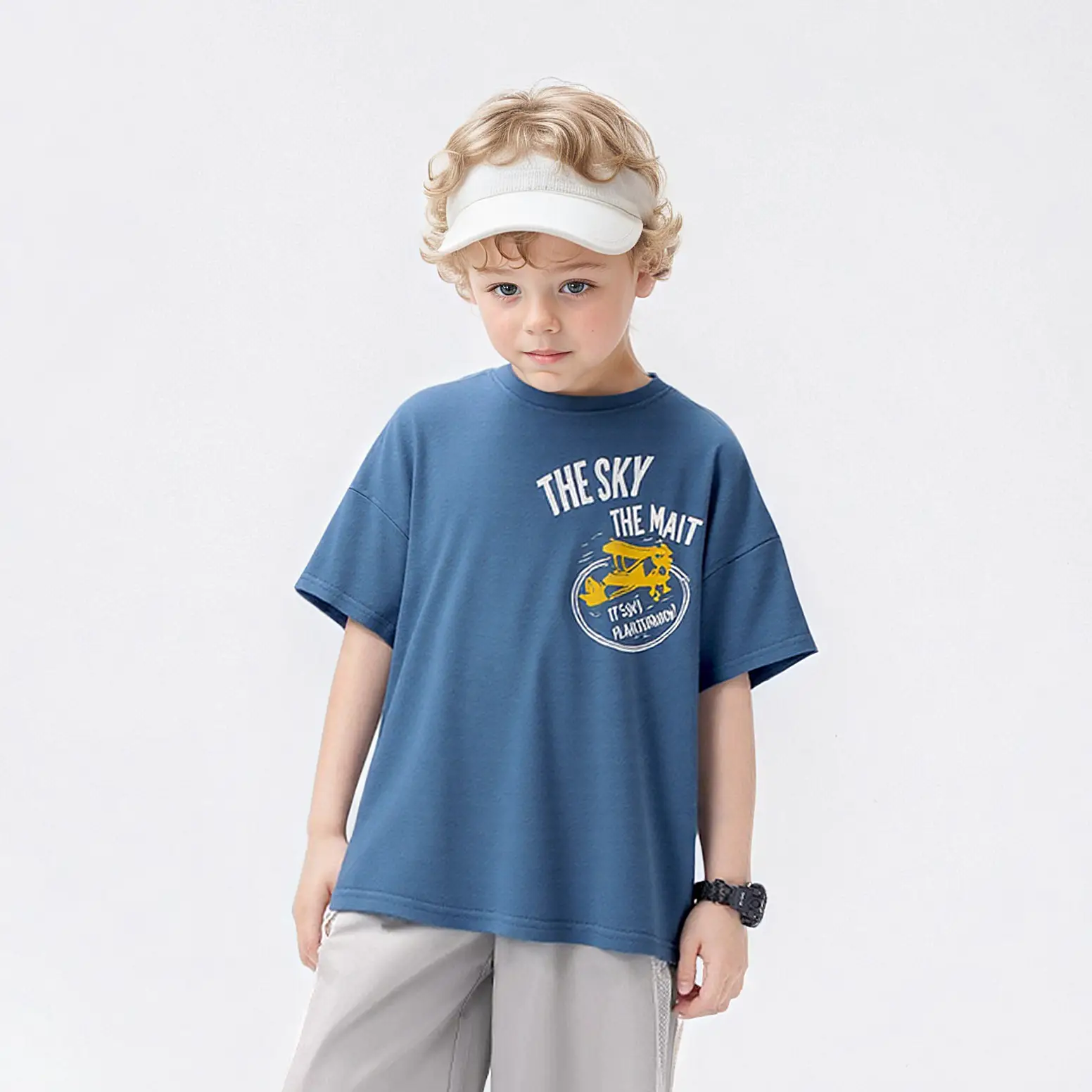 Kids Cotton Printed T-Shirt Shorts Set Blue Grey — feature 3