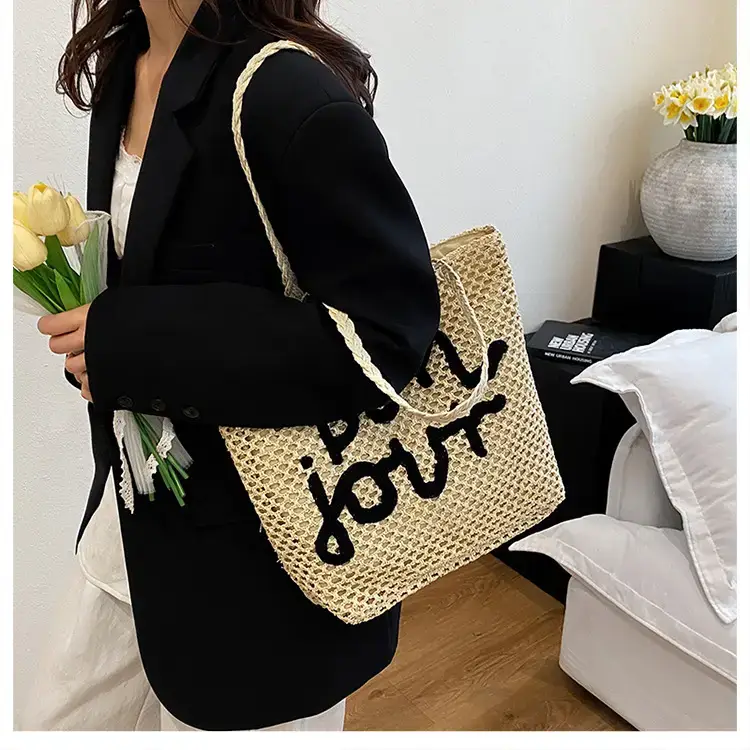 Women Woven Beach Bag with "Bou Gout" Personalized Lettering — feature 11