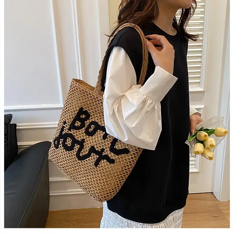 Women Woven Beach Bag with "Bou Gout" Personalized Lettering — feature 26