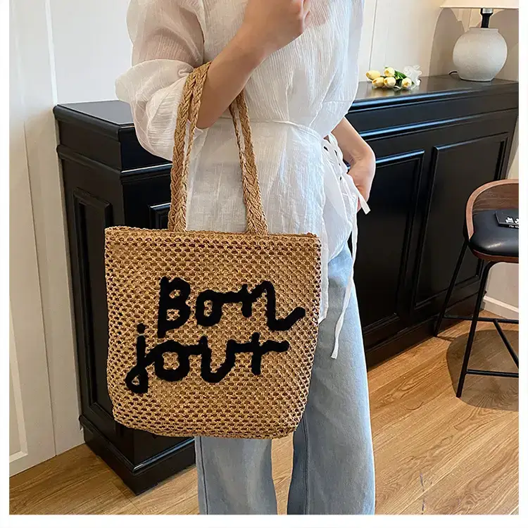 Women Woven Beach Bag with "Bou Gout" Personalized Lettering — feature 34
