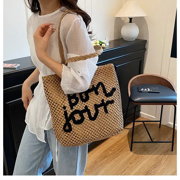 Women Woven Beach Bag with "Bou Gout" Personalized Lettering — feature 37