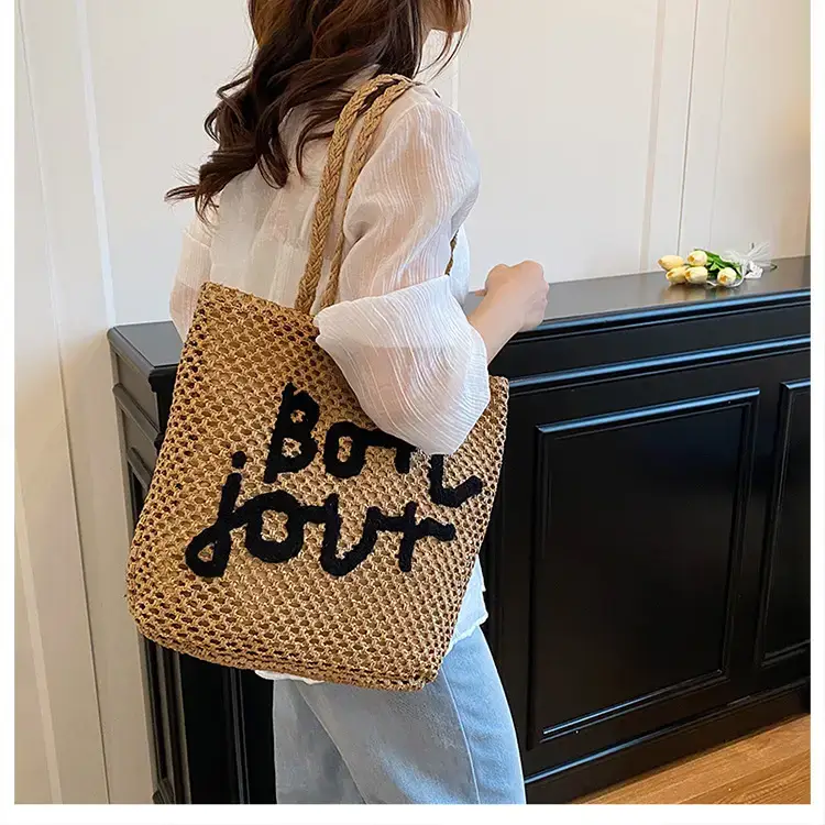 Women Woven Beach Bag with "Bou Gout" Personalized Lettering — feature 39
