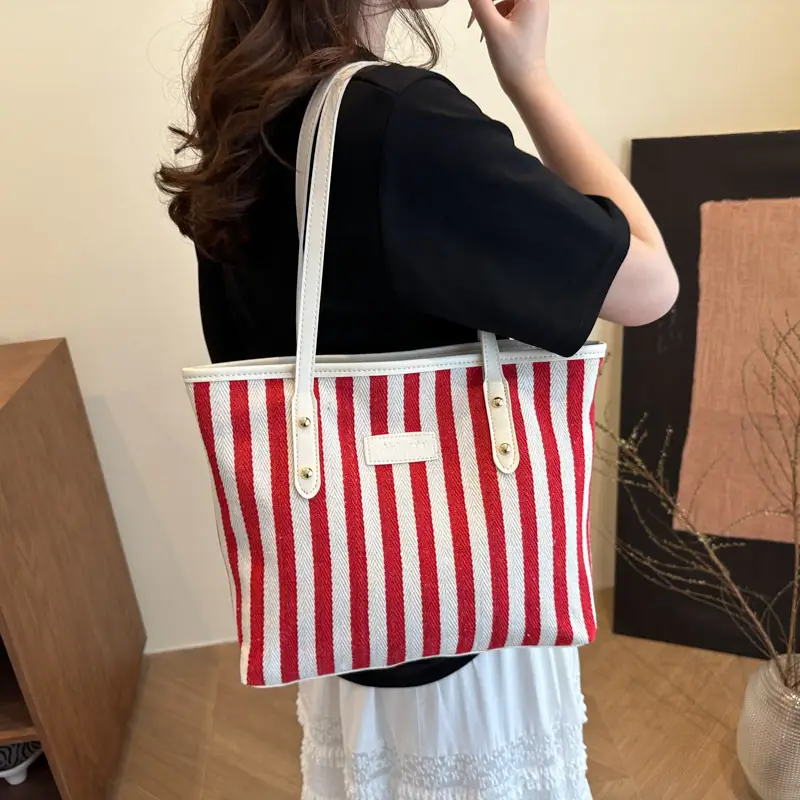 Striped Large Capacity Casual Tote Bag Black White 2025 - Image 5