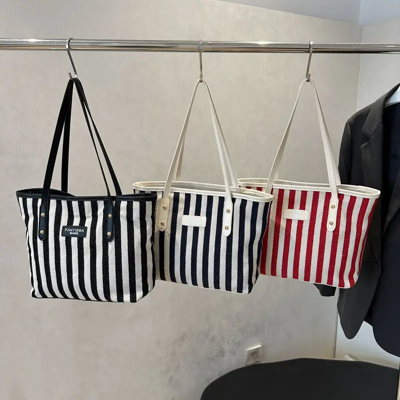 Striped Large Capacity Casual Tote Bag Black White 2025 - Image 7