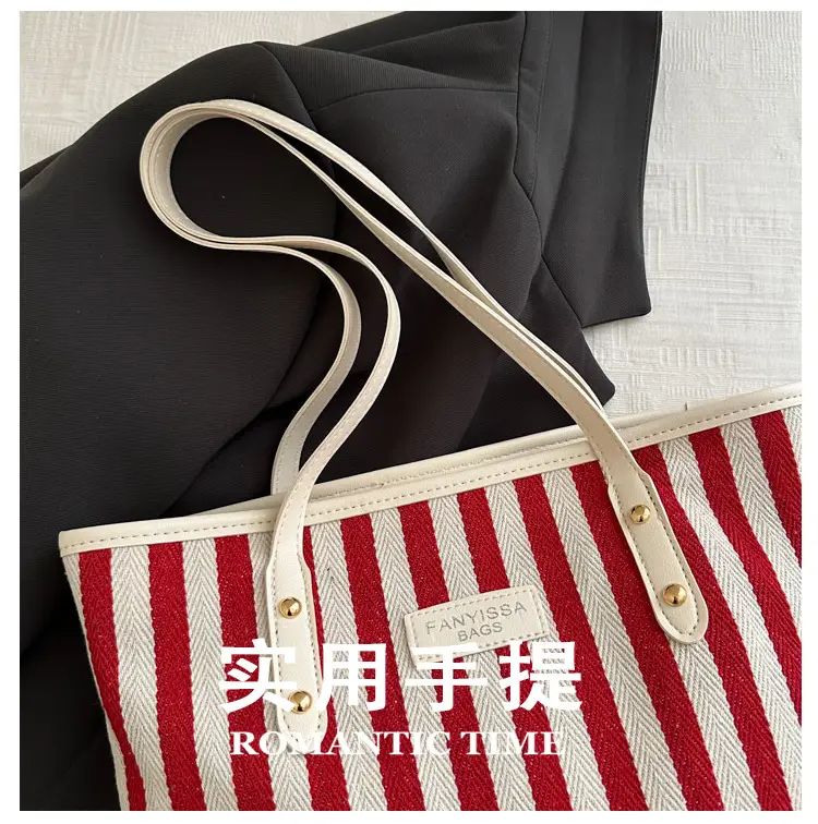 Striped Large Capacity Casual Tote Bag Black White 2025 — feature 5