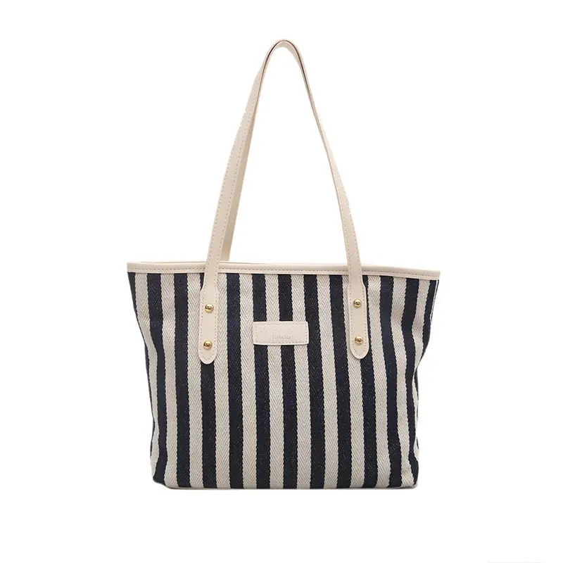 Striped Large Capacity Casual Tote Bag Black White 2025 - Image 3