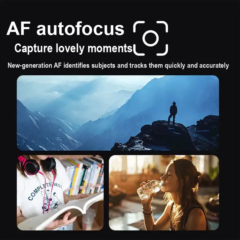 Autofocus feature graphic with sample photos of a mountain scene and people.