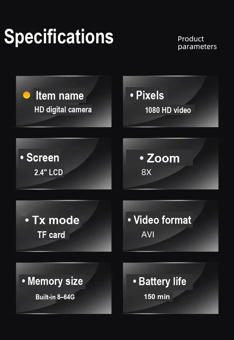 Camera specification panel listing video recording, screen size, zoom, TF card storage, AVI format, and runtime.