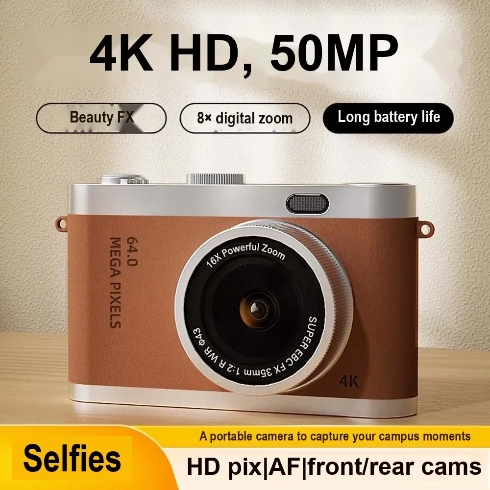 Brown and silver compact camera with Chinese feature text about 4K, pixels, zoom, and selfies.