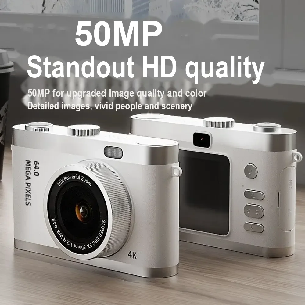 Front and rear views of the camera, including the rear screen and control buttons.