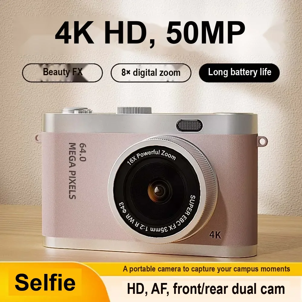 Pink compact camera with Chinese feature text about 4K, 50-megapixel, zoom, and selfies.