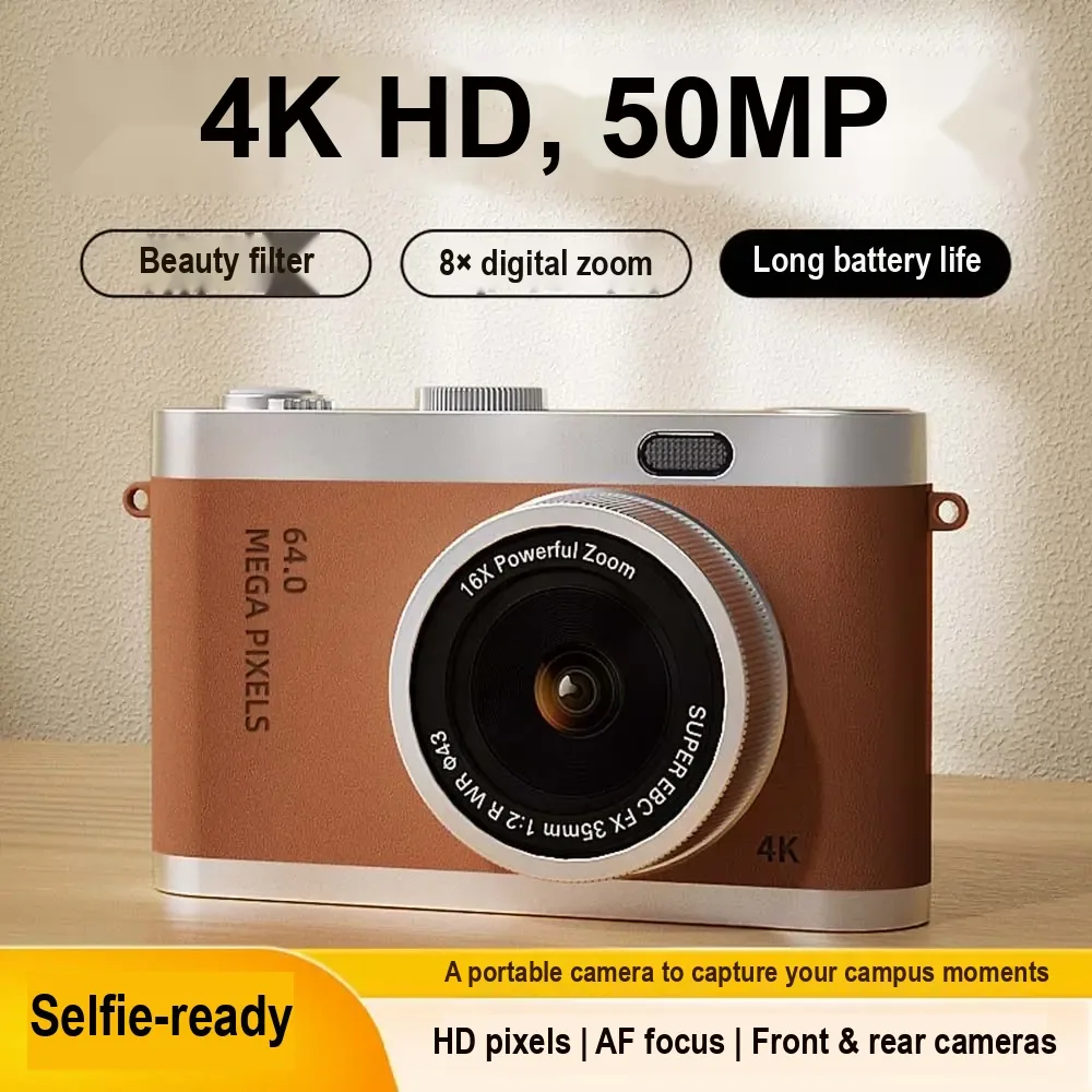 Brown and silver compact camera with Chinese feature text about 4K, pixels, zoom, and selfies.