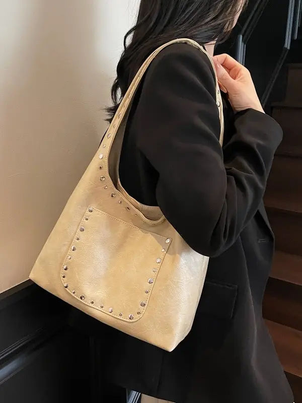 Retro Rivet Shoulder Bag Women Leather Tan 2025 - Image 5