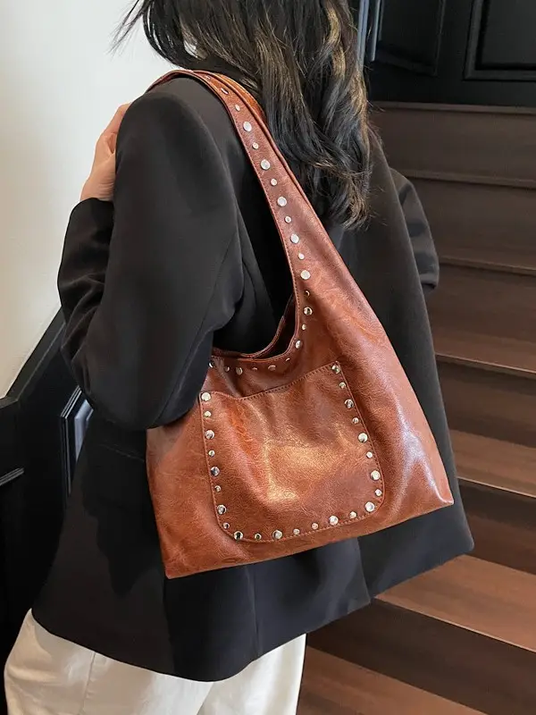 Retro Rivet Shoulder Bag Women Leather Tan 2025 - Image 6