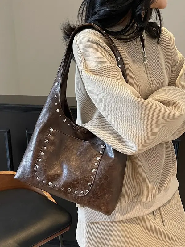 Retro Rivet Shoulder Bag Women Leather Tan 2025 - Image 7