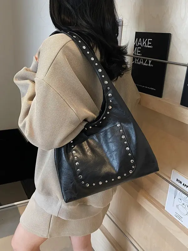 Retro Rivet Shoulder Bag Women Leather Tan 2025 - Image 8