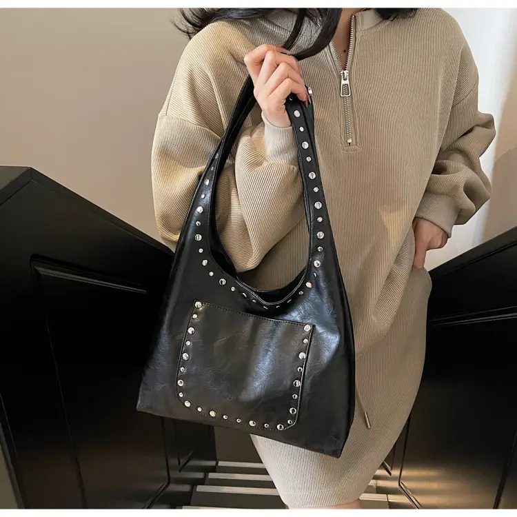 Retro Rivet Shoulder Bag Women Leather Tan 2025 — feature 17