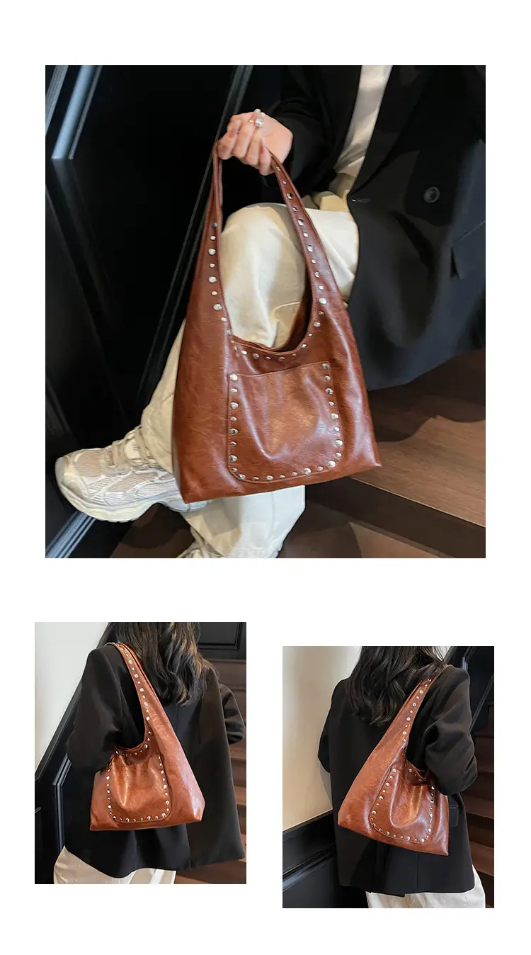 Retro Rivet Shoulder Bag Women Leather Tan 2025 — feature 20